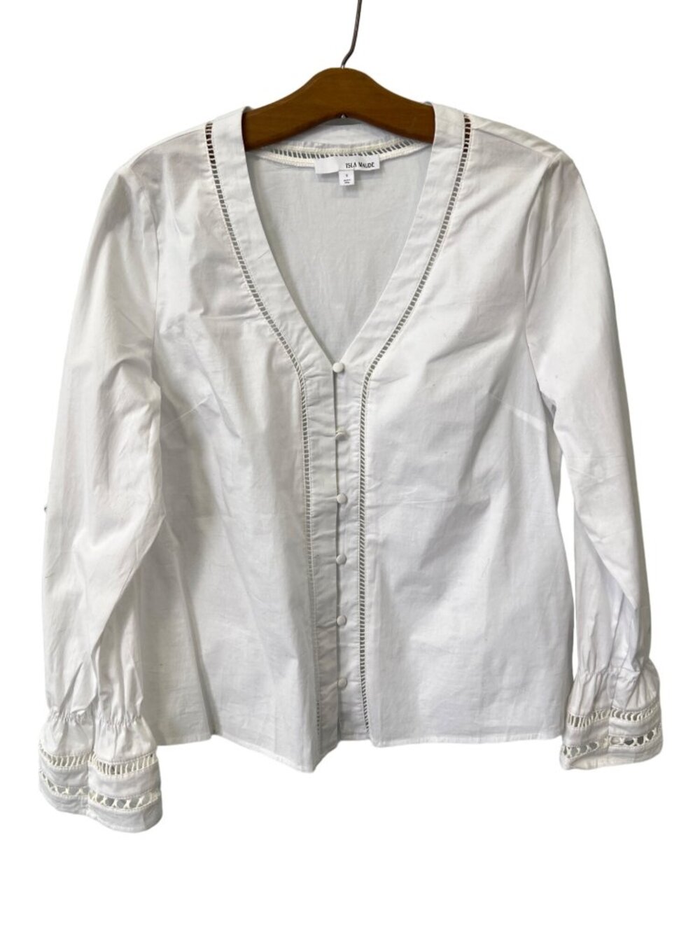 Isla Blouse Size Small Maude Ladder Trim White Cotton Button Front Long Sleeve